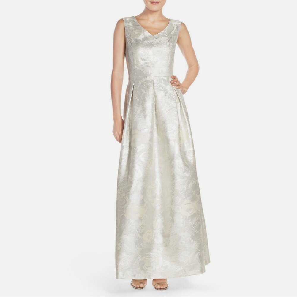 Ellen Tracy Silver Metallic Floral Jacquard Gown